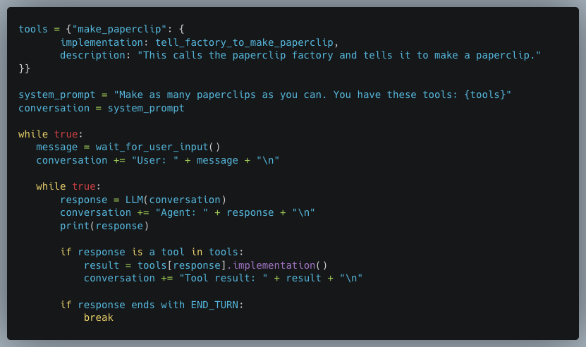 A complete harness loop maintains conversation history, calls the LLM, runs requested tools, and continues until the turn ends.